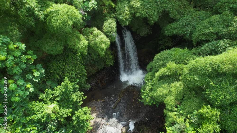 Aerial view towards the Rio do Ouro Waterfall in Roça Agostinho Neto in Sao Tome, Africa