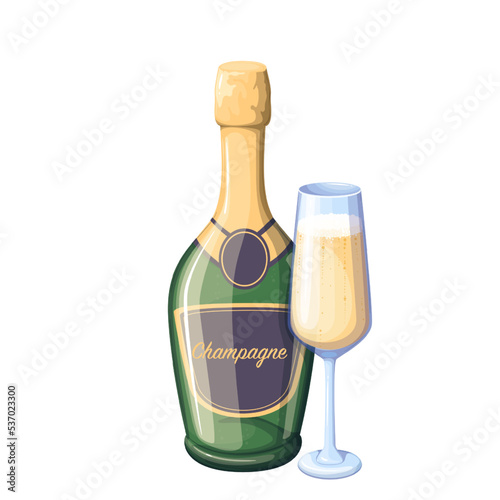 Bottle and glass with champagne, luxury alcohol drink with bubbles vector illustration. Cartoon closed bottle with cork and golden label, isolated sparkling alcoholic grape wine in clear wineglass