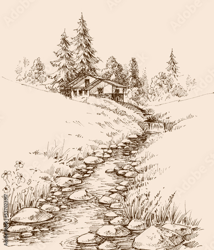 Wooden house cabin retreat on river shore drawing