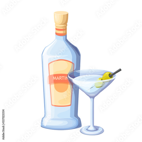 Bottle and glass with martini, cool alcohol drink for cocktail party in restaurant vector illustration. Cartoon isolated martini bottle with cap and gold label, olives on stick in cup with liquid
