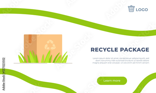 Vector illustration of recycle box template. Concept of a cardboard box standing on the grass. 