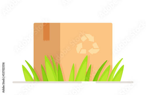 Vector illustration of recycle box standing in the grass on a white background. Recycle box concept. 