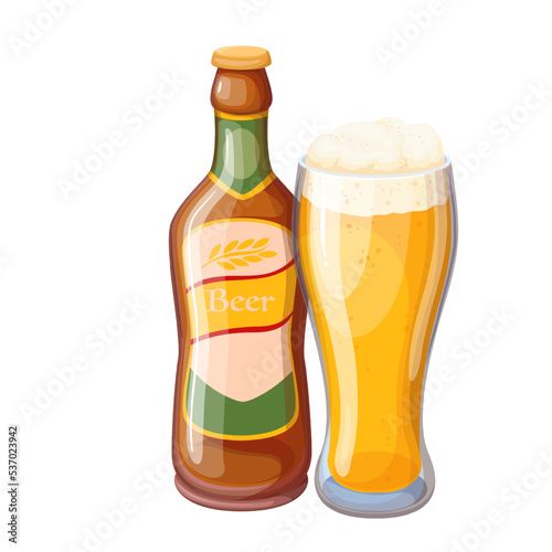 Craft beer in bottle and glass, alcohol drink for party in bar, pub or beer festival vector illustration. Cartoon isolated glass full of yellow fresh cold lager, beverage with foam and bubbles