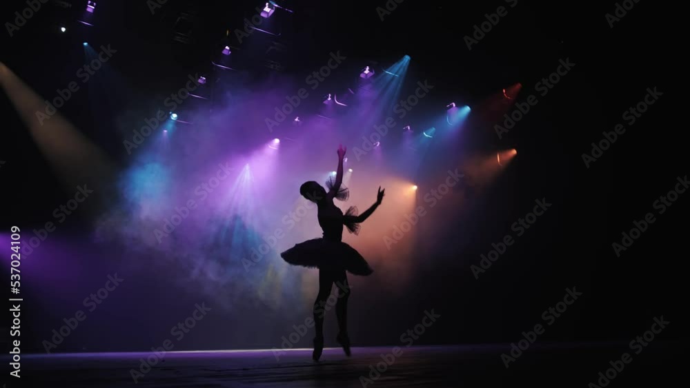 Ballet. Graceful ballerina dancing elements of classical ballet in the beautiful light and smoke on the background, High quality HD footage 