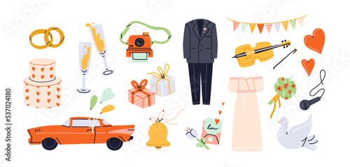 Wedding day icons set. Vibrant items of party of love. White dress, suit, cake, golden rings, invitation, dove, music, love letter, bouquet. Decorations for marriage ceremony. Love vector concept.