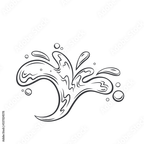 Water splash line icon vector illustration. Silhouette of surf spatters with abstract curve shapes, hand drawn outline sketch of sea or ocean wave drops drip, bubbles and spray of water or fluid