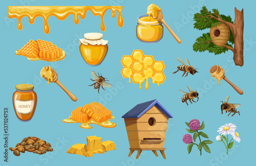 Bee honey set vector illustration. Glass jar with yellow nectar and spoon, liquid drops flow and melt. Cartoon honeycomb and honeybee insects, isolated wooden house and hive on tree.