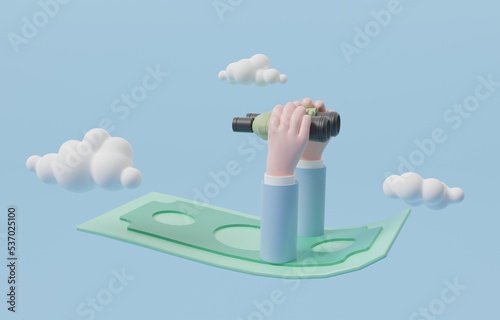 Hands holding binoculars on flying banknote, searching opportunity to make money, vision for financial wealth concept, 3d render illustration.