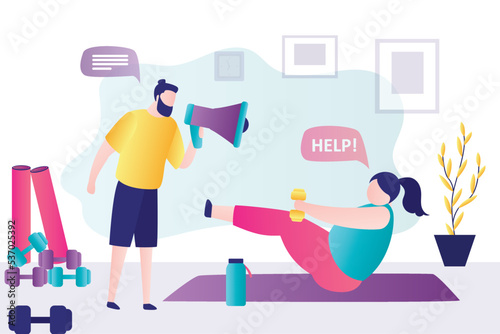 Personal trainer with loudspeaker motivates plump girl to do exercise. Fat woman tired of pumping up abs and asks for help