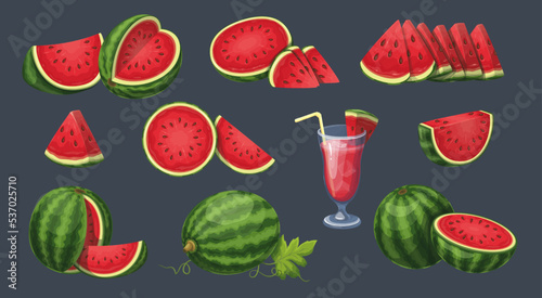 Fototapeta Naklejka Na Ścianę i Meble -  Watermelon set vector illustration. Cartoon isolated ripe whole watermelon and cut in half, healthy sweet red juice in glass, slices and parts of organic natural dessert, wedges of different shape