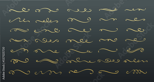 Gold swashes and swirls set vector illustration. Golden vintage design elements, vip calligraphic elegant line divider with vignette, isolated filigree swirl ornaments for invitation card decoration