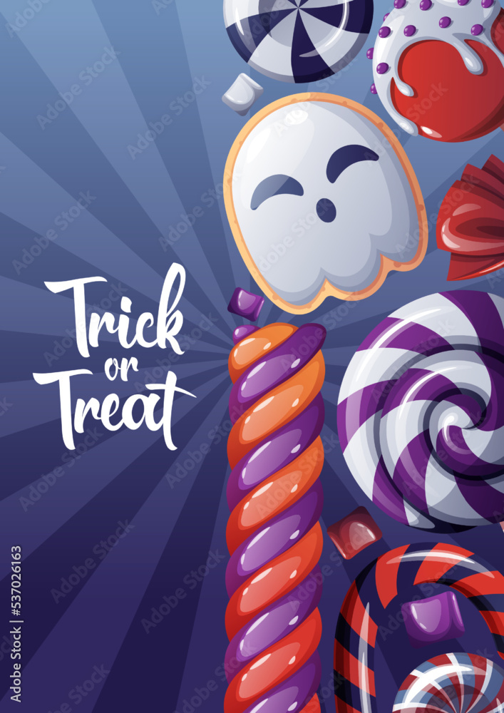 Vector card with Halloween sweets or poster for the holiday with handwritten coligraphy. Party invitation, trick or treat.
