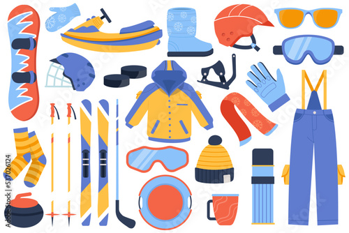 Winter sports flat icons set. Different equipment for skiing. Skis, goggles, ski suit, helmet, snowmobiling, socks and snowboard. Warm clothes for vacation. Isolated illustrations