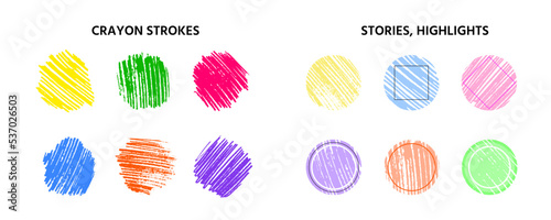 Hand drawn colored pencil strokes and examples of story highlight covers based on them