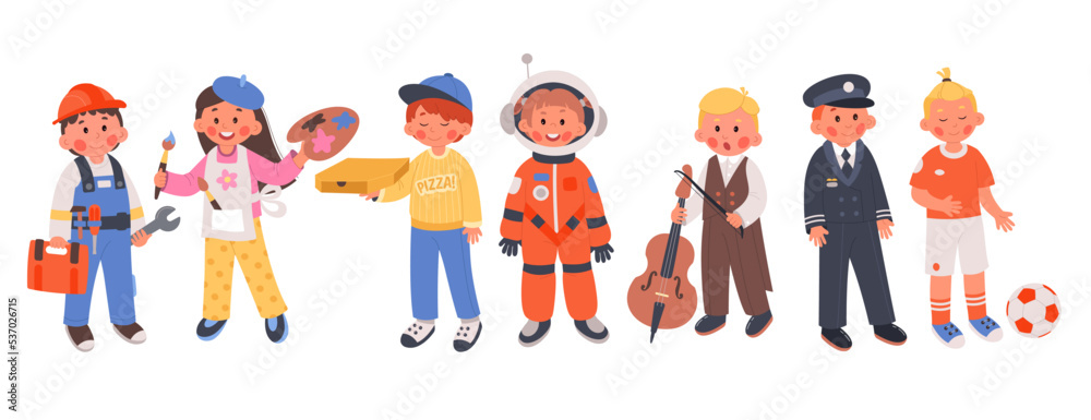 Professions and children flat icons set. Different occupations in kids interpretation. Important careers. Artist, policeman, spaceman, courier, football player, handyman. Isolated illustrations