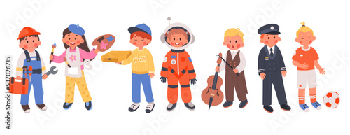 Professions and children flat icons set. Different occupations in kids interpretation. Important careers. Artist, policeman, spaceman, courier, football player, handyman. Isolated illustrations