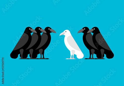 White crow among black crows. Vector illustration
