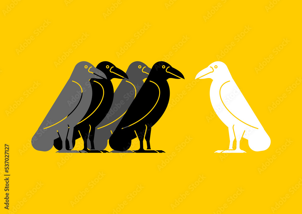 Fototapeta premium White crow among black crows. Vector illustration
