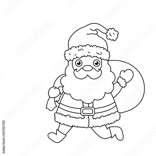 Santa with a bag of gifts. Coloring book. Christmas. New Year. Black and white vector image.