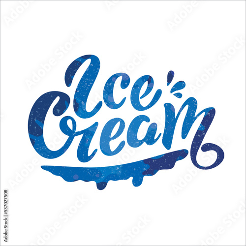 Ice Cream logo. Vector hand lettering. Frosty iced blue letters with texture. Delicious dessert. Creamy texture. Illustration for ice cream shop packaging banner poster flyer. Sweets. Fresh. Cold.
