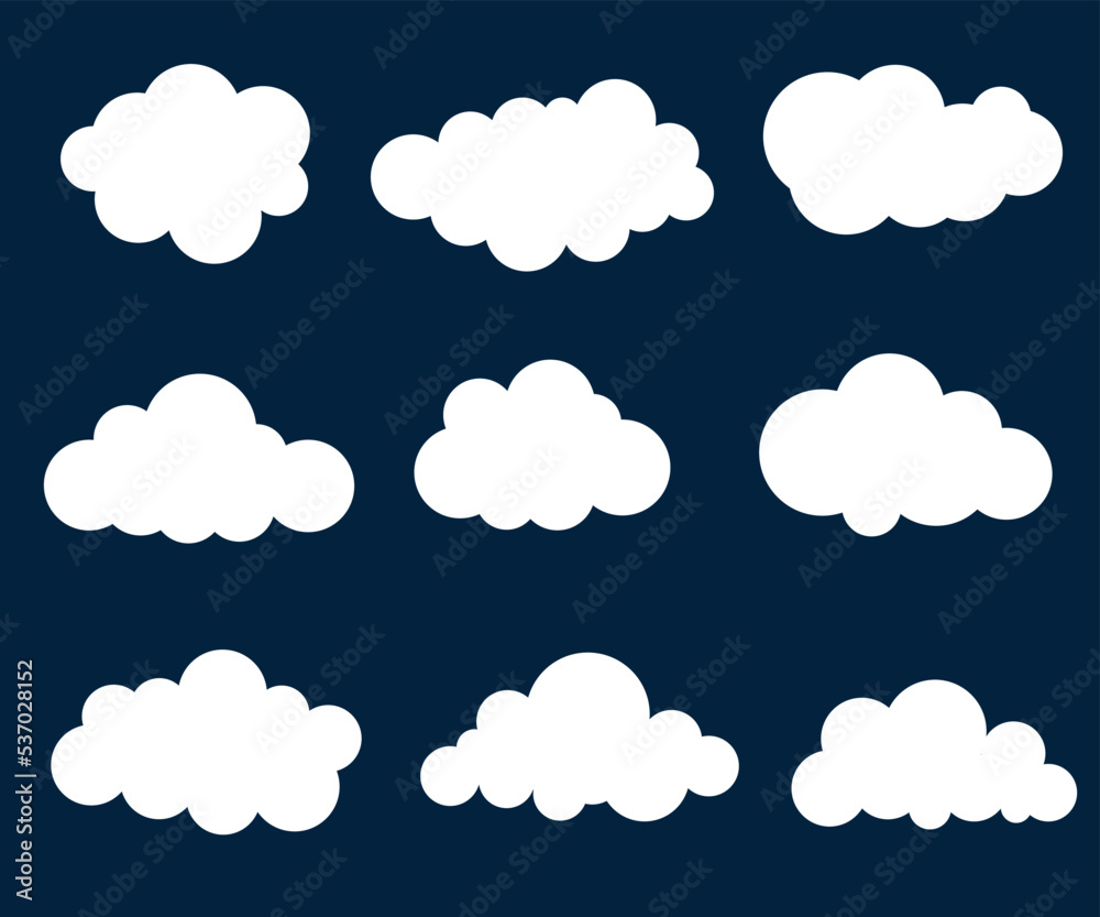 White vector Cloud set. Abstract white cloudy set isolated Vector illustration with dark blue background