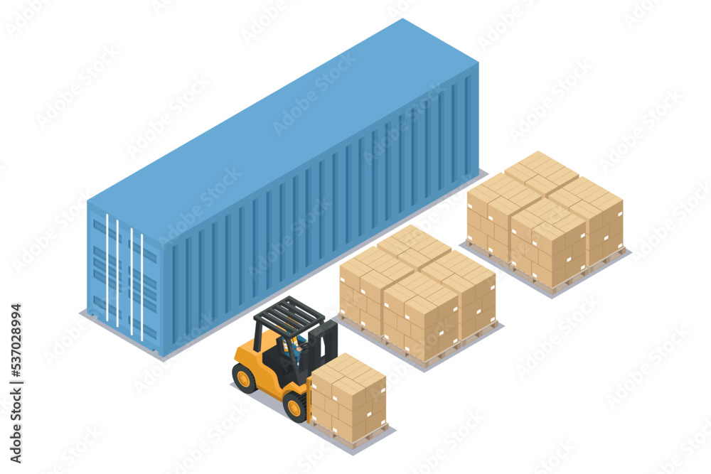 Isometric forklift unloading stacked boxes on pallet from blue container at unloading dock. Safety in handling a fork lift truck. Industrial logistics of storage and distribution of products Isometric forklift unloading stacked boxes on pallet from blue container at unloading dock. Safety in handling a fork lift truck. Industrial logistics of storage and distribution of products