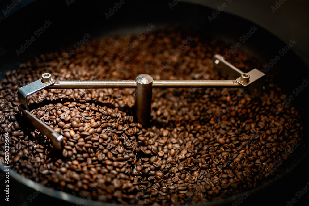 Close up machine spatula with brown arabica coffee beans near special equipment. Factory concept. Close up machine spatula with brown arabica coffee beans near special equipment. Factory concept.