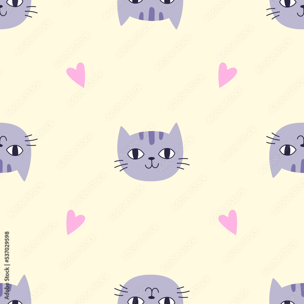 Seamless Pattern with Purple Cat Head and Heart on Yellow Background. Perfect for Nursery Wallpaper, Children's Textiles, Wrapping Paper Seamless Pattern with Purple Cat Head and Heart on Yellow Background. Perfect for Nursery Wallpaper, Children's Textiles, Wrapping Paper