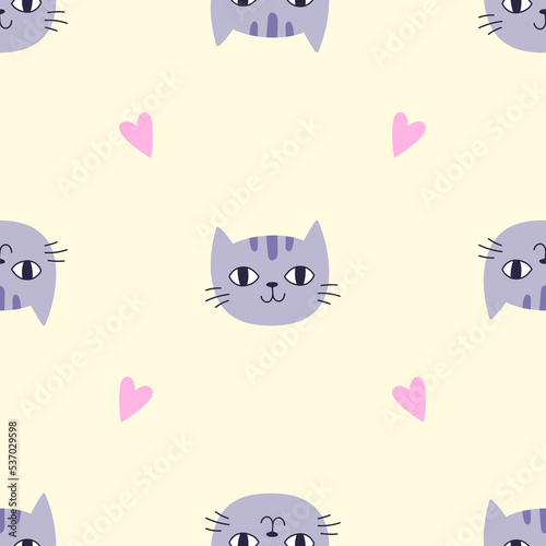 Seamless Pattern with Purple Cat Head and Heart on Yellow Background. Perfect for Nursery Wallpaper, Children's Textiles, Wrapping Paper