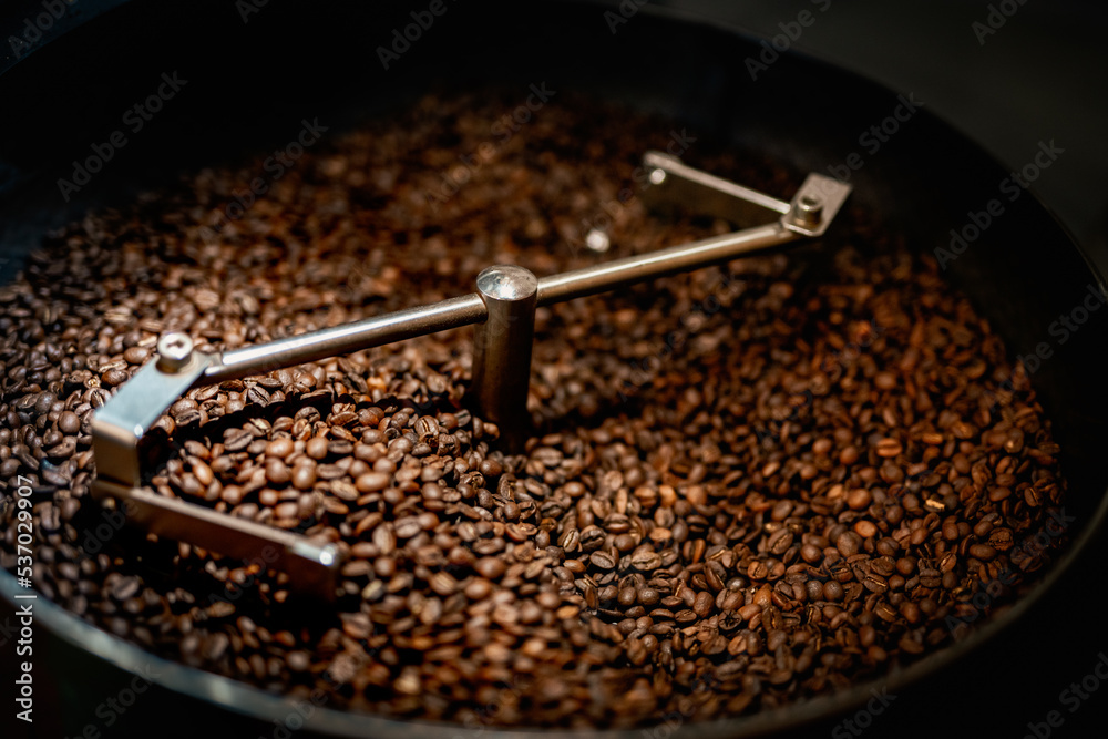 Close up machine spatula with brown arabica coffee beans near special equipment. Factory concept. Close up machine spatula with brown arabica coffee beans near special equipment. Factory concept.