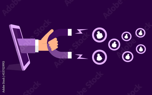 hand holding magnet and tries to appeal clients, customers. Customer retention concept. vector illustration.