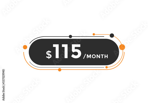 115 dollar price tag. Price $115 USD dollar only Sticker sale promotion Design. shop now button for Business or shopping promotion
