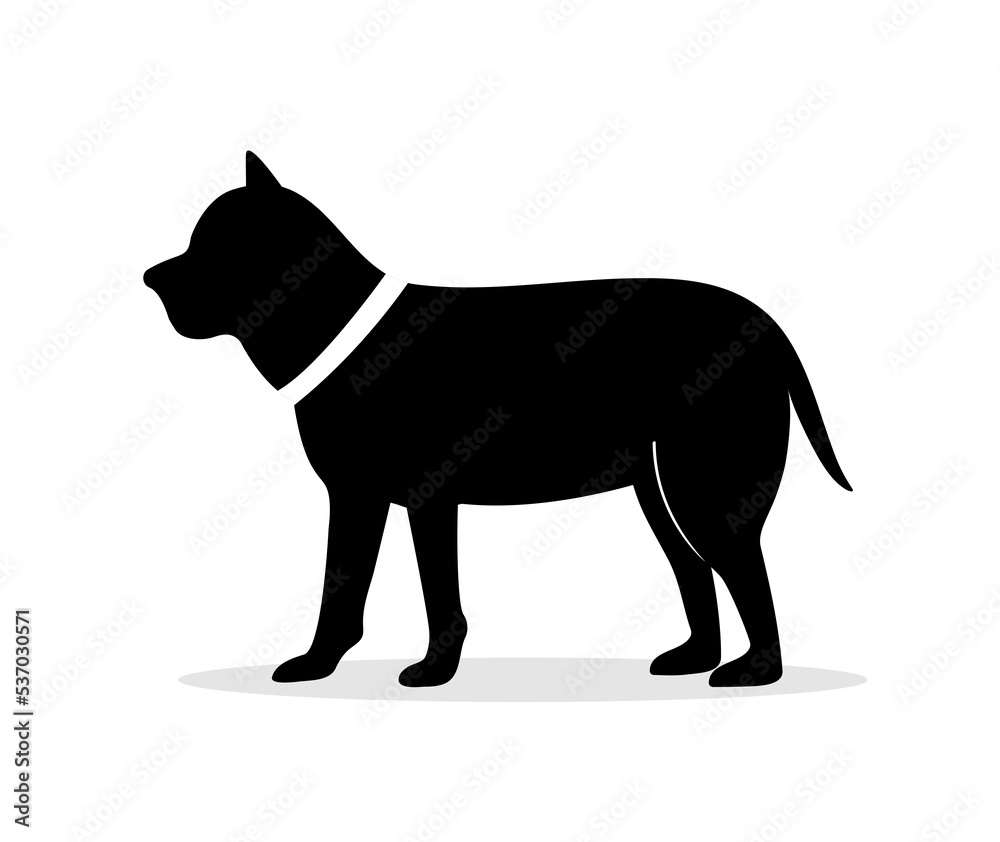 Dog silhouette. Boxer animal. Black canine isolated on white background. Standing puppy icon. Drawing pet labrador. Symbol for hunting. Vector