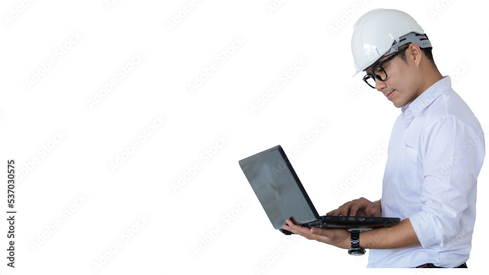 Asian civil foreman engineer using computer laptop control working isolated white background, Foreman engineer wearing hardhat using laptop computer standing isolated white background. Asian civil foreman engineer using computer laptop control working isolated white background, Foreman engineer wearing hardhat using laptop computer standing isolated white background.