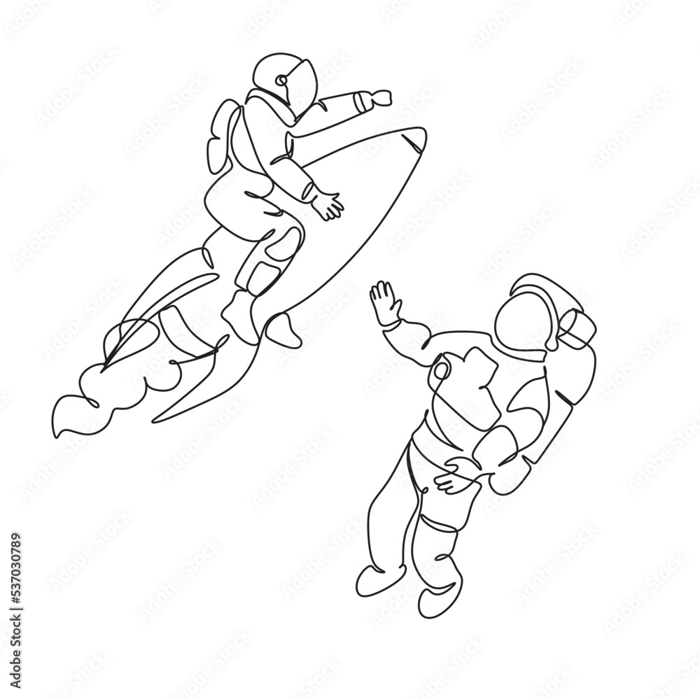 Astronaut catching star logo. Continuous one line drawing. Vector illustration