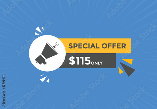 $115 USD Dollar Month sale promotion Banner. Special offer, 115 dollar month price tag, shop now button. Business or shopping promotion marketing concept
