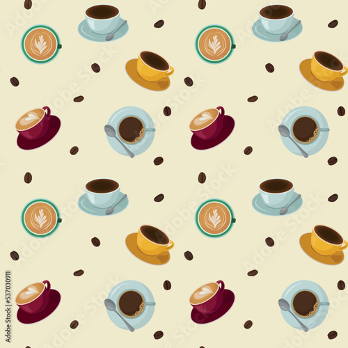 seamless pattern of colorful coffee cups and beans on a beige background. For wrapping paper, wallpaper, screensavers
