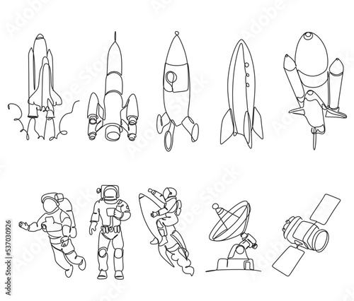 Doodle space illustration in childish style. Set of cosmos vector elements such as rocket, astronaut, stars, asteroids, ufo. Sketch icons of various astronomy objects. Design clipart. Black line print