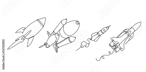 One continuous line drawing of spacecraft. Vector illustration. Rocket space ship launch. Spacecraft one line background.