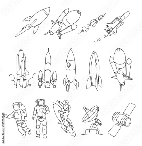 Fototapeta Naklejka Na Ścianę i Meble -  Doodle space illustration in childish style. Set of cosmos vector elements such as rocket, astronaut, stars, asteroids, ufo. Sketch icons of various astronomy objects. Design clipart. Black line print