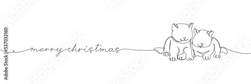 Greetings Merry Christmas with two kittens, lettering one line art. Continuous line drawing of new year holidays, animals, congratulations, weekend, greetings, festive atmosphere, handwritten.