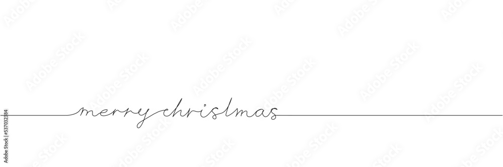 Greetings Merry Christmas, lettering one line art. Continuous line drawing of new year holidays, christmas, congratulations, weekend, greetings, festive atmosphere, handwritten.