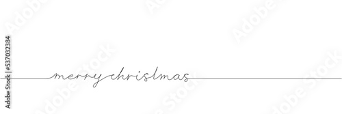 Greetings Merry Christmas, lettering one line art. Continuous line drawing of new year holidays, christmas, congratulations, weekend, greetings, festive atmosphere, handwritten.
