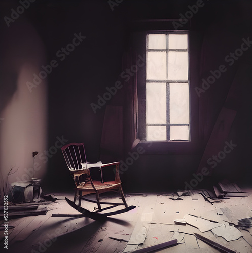 An empty rocking chair in a ruined house. Creepy. Horror. 