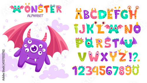 Cartoon colorful alphabet with funny monster letters with wings, eyes, mouth for Halloween kids design, invitation flyers or posters. Vector hand drawn illustration with kawaii children font