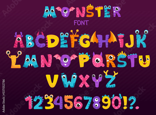 Cartoon colorful alphabet with funny monsters letters with wings, eyes, mouth for Halloween kids design, invitation flyers or posters. Vector hand drawn illustration with kawaii children font