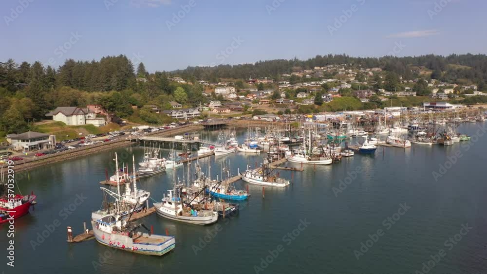 Boats at the harbor in Newport, Oregon. Drone orbit. Boats at the harbor in Newport, Oregon. Drone orbit.