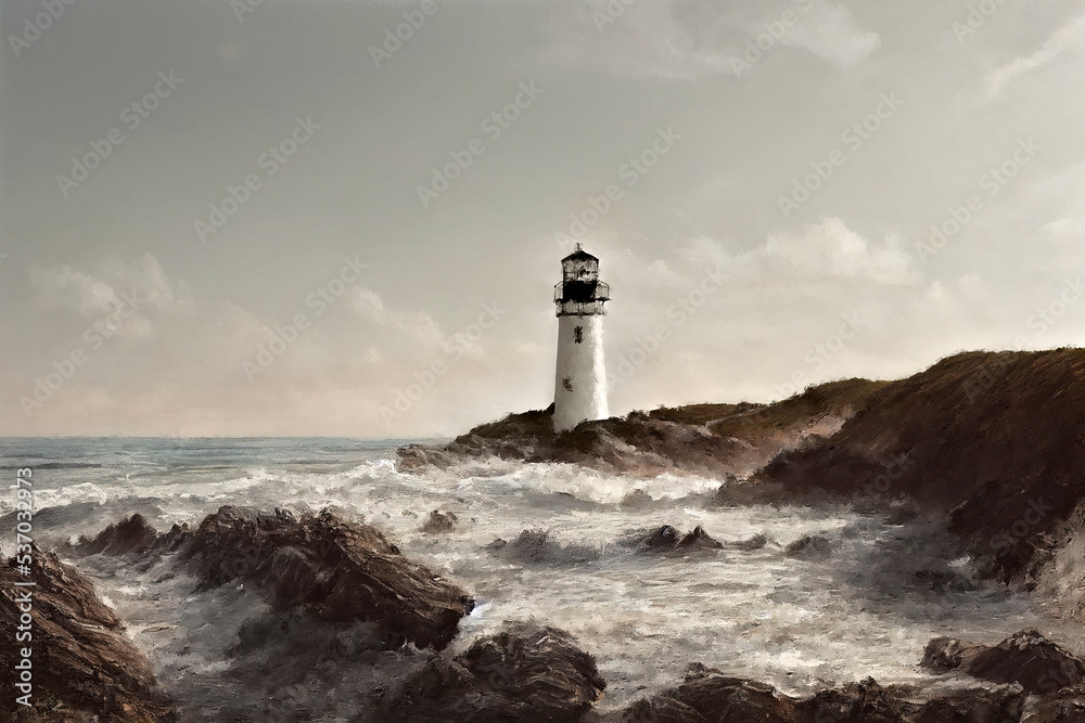 Digital landscape art of a lighthouse on a rocky coastal beach