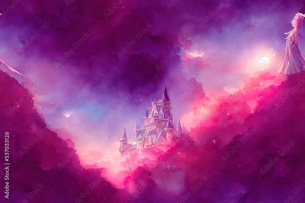 Castle of princess. unicorn seamless pattern. fairy tale kingdom watercolor illustration - obrazy, fototapety, plakaty 
