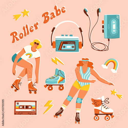 Vector illustration of retro roller skaters, roller skates, cassette tape and portable music players. Two girls and nostalgia objects. 80s or 90s style active hobby concept. 